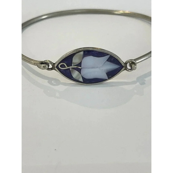 VTG Vintage Alpaca Silver Shell Inlay Bracelet 7.25” Bangle - Picture 2 of 8